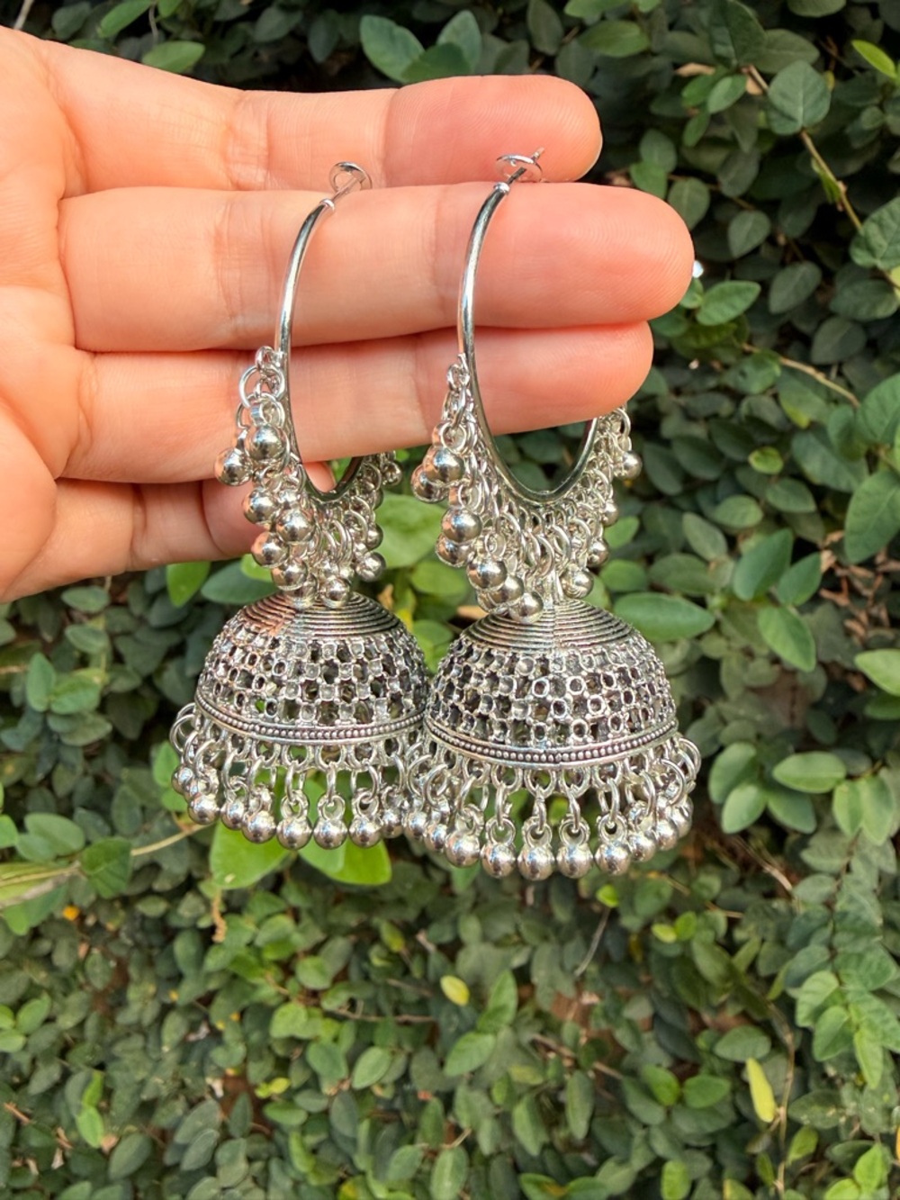Silver Jhumka Hoop Earrings - Traditional Indian Style - Picture 4 of 6